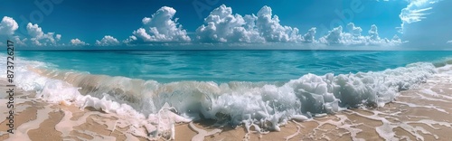 Tropical Beach Scene With White Waves Crashing On Sandy Shore Under Blue Sky