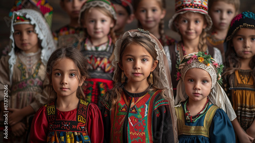 : A multicultural group of young people dancing while dressed traditionally from many cultures..