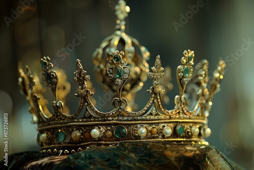 Wallpaper Mural Closeup of an ornate golden crown with precious stones and pearls on a dark, blurred background Torontodigital.ca