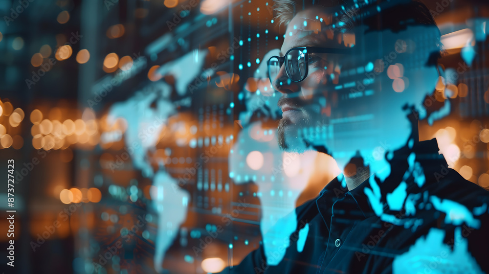 Attractive european businessman using abstract glowing map hologram on blurry office interior background. Digital world, transformation and future cyber space concept. Double exposure. Attractive european businessman using abstract glowing map hologram on blurry office interior background. Digital world, transformation and future cyber space concept. Double exposure.
