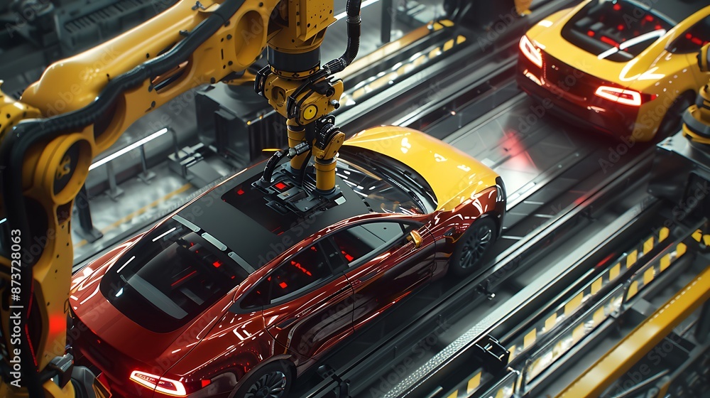 Car Factory Robot Installs Roof on Electric Vehicle: Automation in Automotive Manufacturing Car Factory Robot Installs Roof on Electric Vehicle: Automation in Automotive Manufacturing