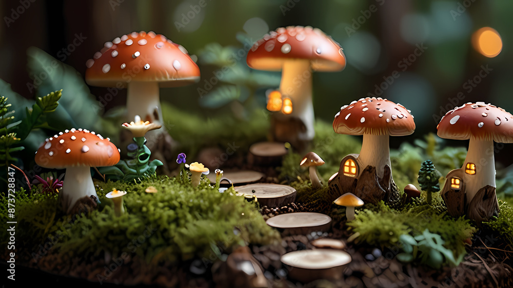 Illustration of a mushroom-shaped house in the middle of a forest with lights shining from the window Illustration of a mushroom-shaped house in the middle of a forest with lights shining from the window
