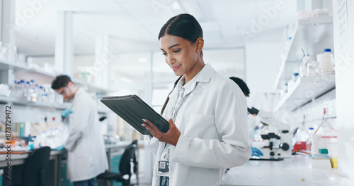 Obraz na płótnie Laboratory, woman and science with tablet for research, medical diagnosis and results with tech
