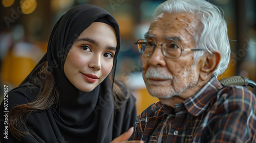  At a community center, a young woman wearing a headscarf and an old man in a wheelchair are conversing..