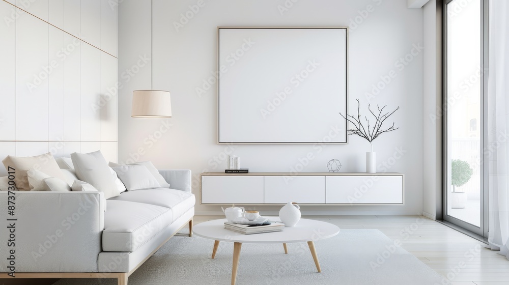 Fototapeta premium Modern minimalist living room with white decor, stylish furniture, large window, and blank art frame for home inspiration.