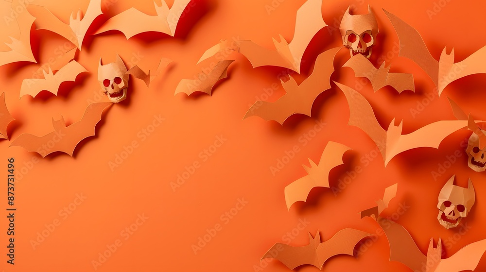 Happy Halloween banner or party invitation background with clouds, bats and pumpkins in paper cut style. Vector illustration. Full moon in orange sky, spiders web and witch cauldron. Place for text Happy Halloween banner or party invitation background with clouds, bats and pumpkins in paper cut style. Vector illustration. Full moon in orange sky, spiders web and witch cauldron. Place for text