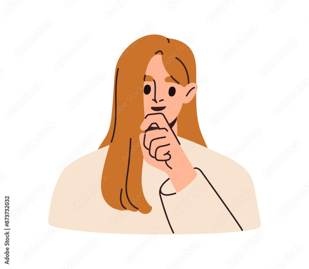Woman thinking about curious thought, idea. Interested female character touching chin, planning, contemplating, wondering, guessing and plotting. Flat vector illustration isolated on white background Woman thinking about curious thought, idea. Interested female character touching chin, planning, contemplating, wondering, guessing and plotting. Flat vector illustration isolated on white background