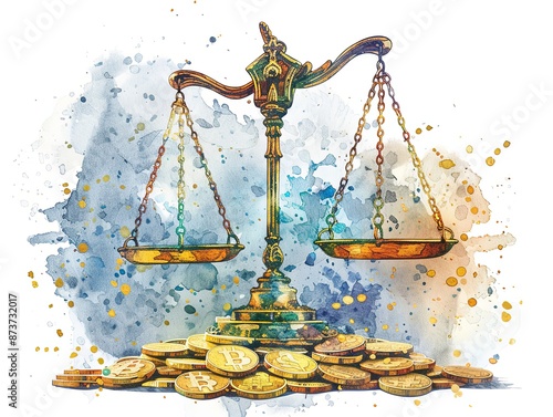 Balance of Justice Distorted: Corruption Revealed in Golden Scales - Watercolor Art Depicting Judicial Integrity Compromised by Bribery