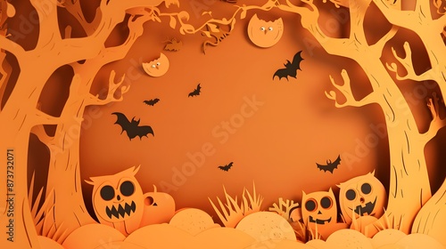 Happy Halloween banner or party invitation background with clouds, bats and pumpkins in paper cut style. Vector illustration. Full moon in orange sky, spiders web and witch cauldron. Place for text