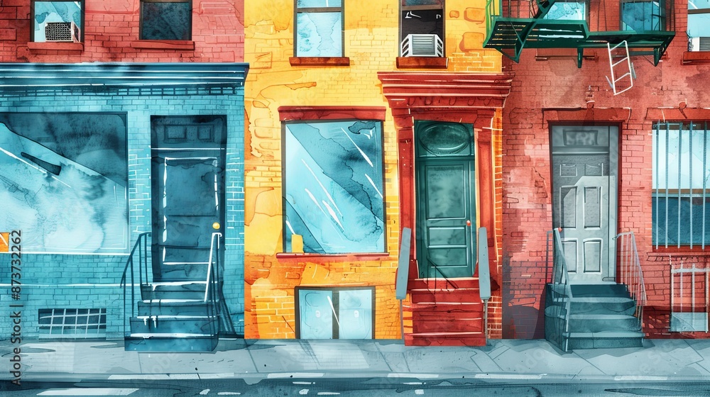 Naklejka premium Evocative Watercolor Illustration of Boarded-Up Storefronts Reflecting Economic Downturn in a Once-Bustling City