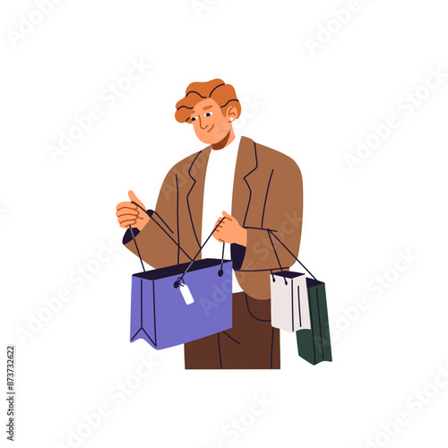 Shopaholic rejoices over shopping in retail store. Woman buyer holds lots of bags with purchases. Customer happy about buying gifts on sale, discounts. Flat isolated vector illustration on white