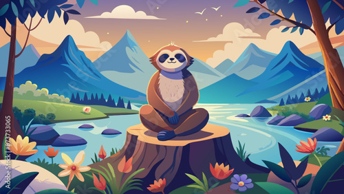 Serene Sloth Meditating in Picturesque Mountain Nature Scene