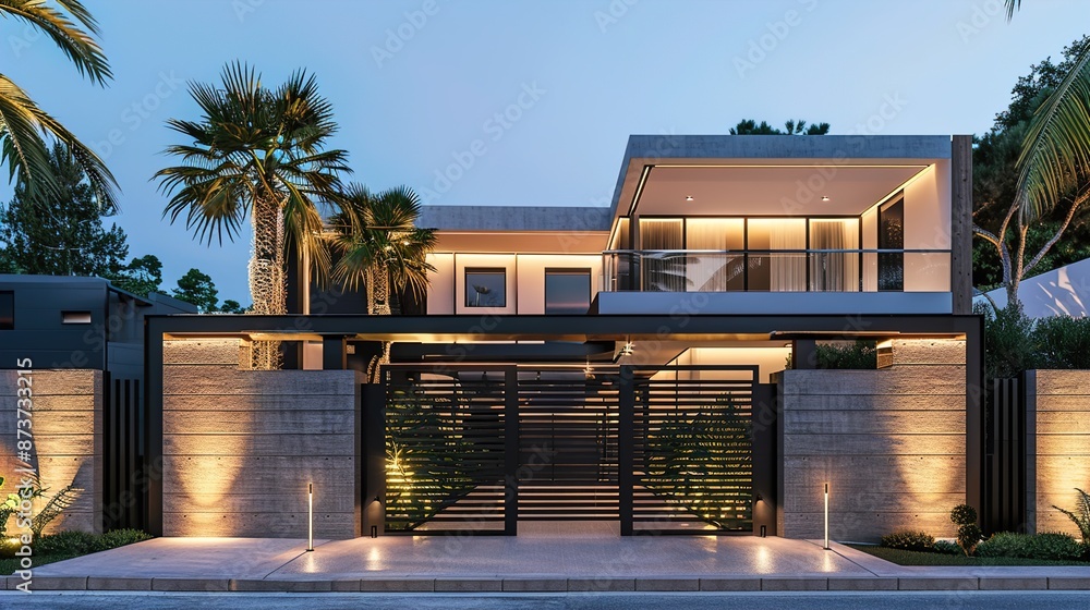 A modern main gate with a solid concrete base, topped with sleek metal railings and integrated LED strip lighting for a dramatic entrance. A modern main gate with a solid concrete base, topped with sleek metal railings and integrated LED strip lighting for a dramatic entrance.