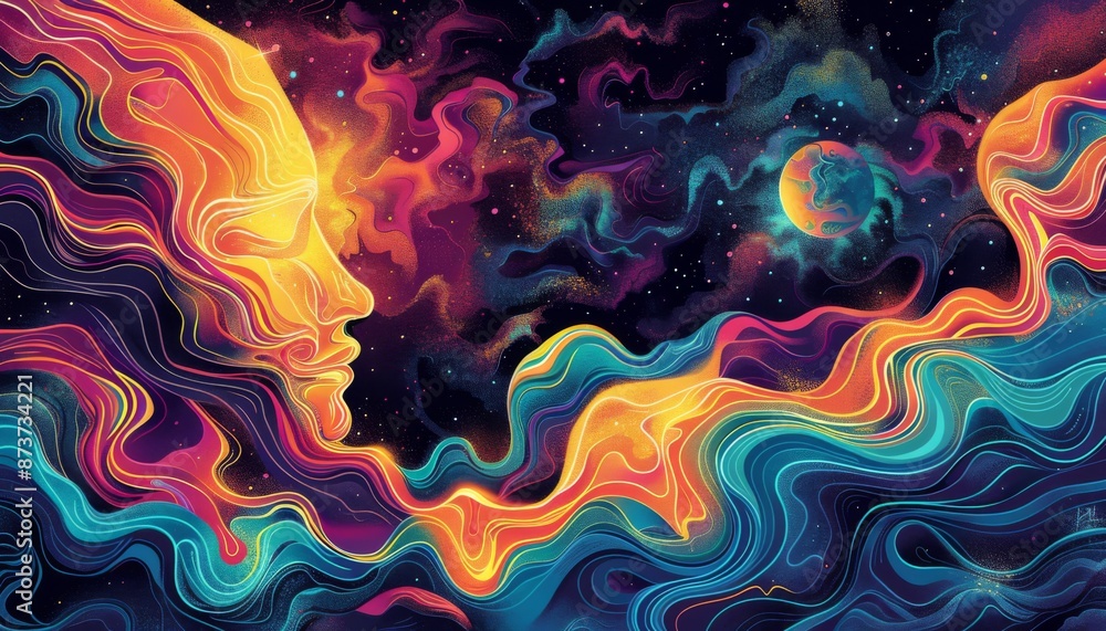 Fototapeta premium Dreamlike scenes with fluid lines Trippy LSD doodles Surreal