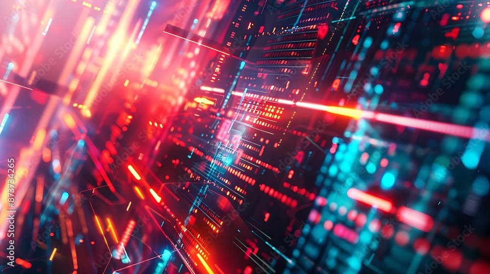 Obraz premium Abstract Technology Background: Data Stream, Digital Network, and Futuristic Communication with Neon Lights