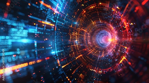 Data Stream Flows Through Futuristic Tunnel with Digital Technology and Information Speed