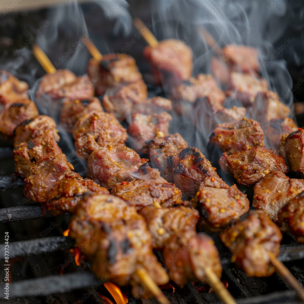 Appetizing Scene: Close-up of Shashlik Skewers Sizzling on Charcoal Grill, Smoke Carrying Delicious Aroma of Marinated Meat Cooking Perfectly Appetizing Scene: Close-up of Shashlik Skewers Sizzling on Charcoal Grill, Smoke Carrying Delicious Aroma of Marinated Meat Cooking Perfectly
