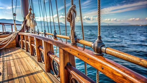 Close-up of the railing of an old sailboat , sailboat, deck, wooden, vintage, nautical, maritime, close-up, details, weathered