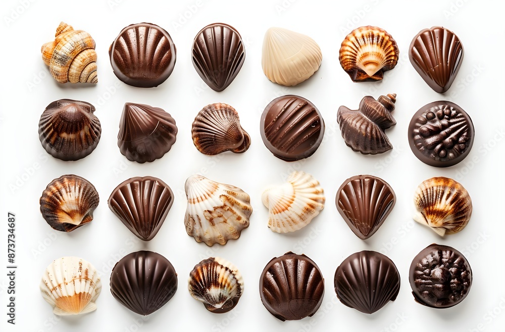 Chocolate sea shells belgian chocolates variety on white background Chocolate sea shells belgian chocolates variety on white background