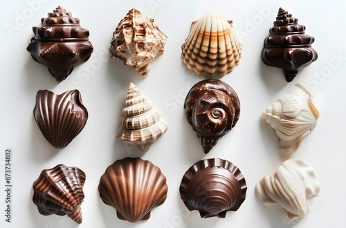 Chocolate sea shells belgian chocolates variety on white background
