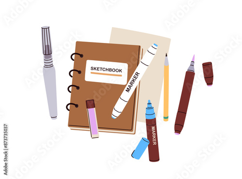 Sketchbook, art book with pens, pencils for sketching. Drawing supplies, notepad, paper sheet. Artistic tools, markers, liners. Creative hobby. Flat vector illustration isolated on white background
