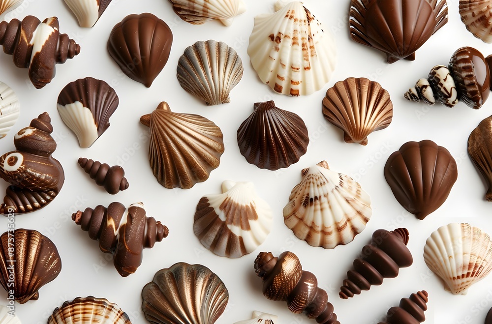 Chocolate sea shells variety belgian sweets on white background Chocolate sea shells variety belgian sweets on white background