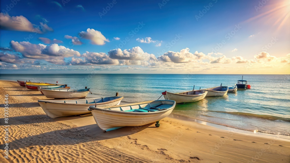 Obraz premium Boats lined up on the sandy beach with calm ocean in the background, beach, boats, sand, water, shore, coastline, summer
