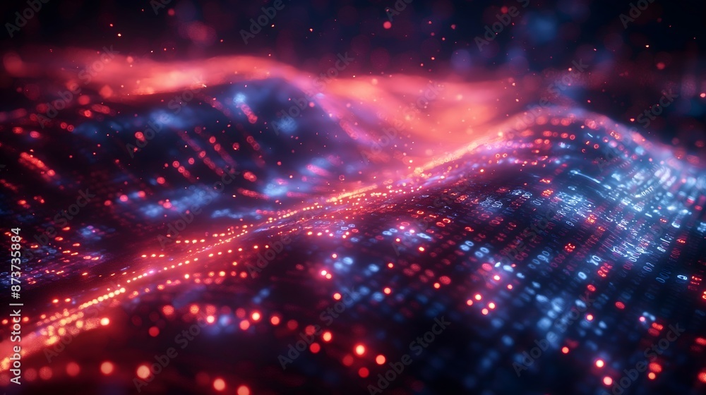 A computer generated image of a red and blue wave with a lot of dots. The image has a futuristic and abstract feel to it. A computer generated image of a red and blue wave with a lot of dots. The image has a futuristic and abstract feel to it.