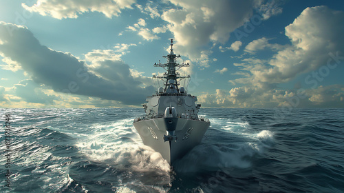 A dramatic shot looking directly ahead at a navy destroyer sailing at full speed on the ocean.