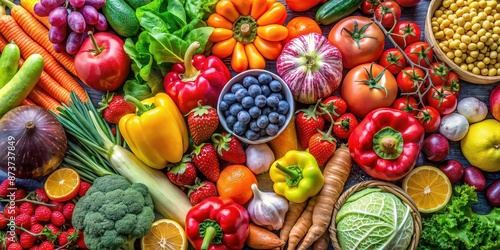 Stock photo featuring a variety of colorful fruits and vegetables rich in vitamins for a healthy lifestyle , nutrition