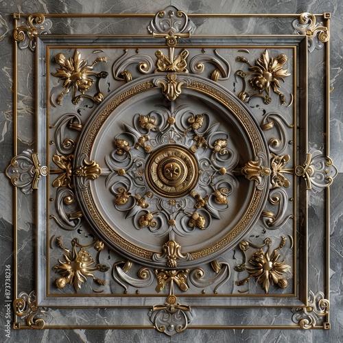 Baroque Classical Abstract Marble Framed Ceiling Art with Ornate Border. Luxury Lavish Decor Victorian Elements with Seamless Pattern Background Texture