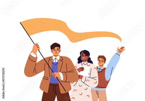 Leader holds flag in hands, leads business team to win. Office workers, employees rejoice at corporate success. Leadership and teamwork concept. Flat isolated vector illustration on white background