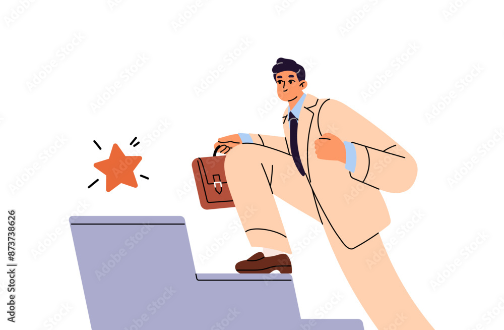 Business man in suit moves up on career ladder. Leader achieves success, goal concept. Person climbs to the top, gets win, results in challenge. Flat isolated vector illustration on white background Business man in suit moves up on career ladder. Leader achieves success, goal concept. Person climbs to the top, gets win, results in challenge. Flat isolated vector illustration on white background