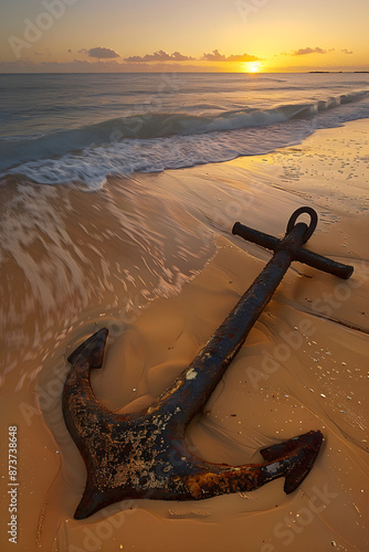 Weathered Anchor on Sandy Beach at Sunset - Symbol of Maritime History and Endless Ocean Adventures photo