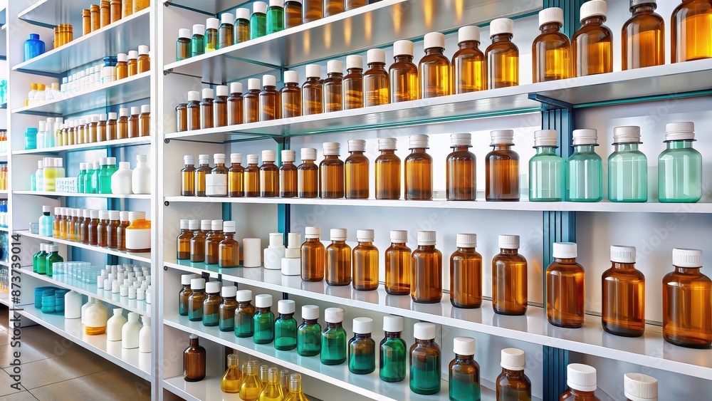 Pharmacy shelf with rows of assorted medicine bottles, pharmacy, medicine, bottles, healthcare, pharmaceuticals Pharmacy shelf with rows of assorted medicine bottles, pharmacy, medicine, bottles, healthcare, pharmaceuticals