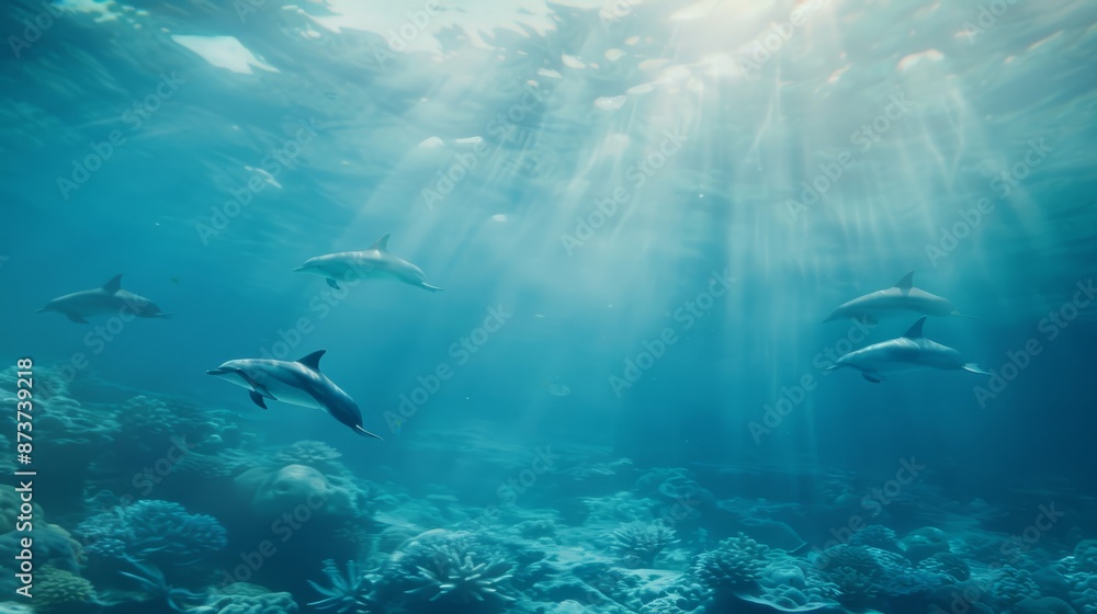 Fototapeta premium A magical underwater coral reef teeming with vibrant marine life where a group of dolphins playfully swim around a mysterious sunken ship the sunlight filtering through the crystalclear water above