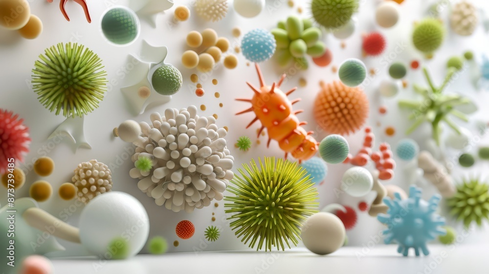 A colorful image of various germs and bacteria, including a green A colorful image of various germs and bacteria, including a green