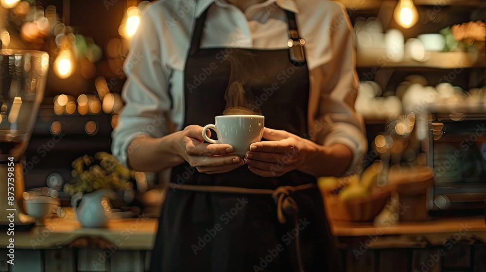 Focused Barista Serving Aromatic Coffee in Cozy Cafe Setting with Warm Lighting and Natural Textures Focused Barista Serving Aromatic Coffee in Cozy Cafe Setting with Warm Lighting and Natural Textures