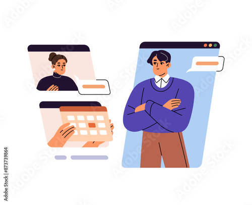 Team communicates, discusses timetable online. Colleagues planning schedule of remote working on project together. Time management in teamwork concept. Flat isolated vector illustration on white