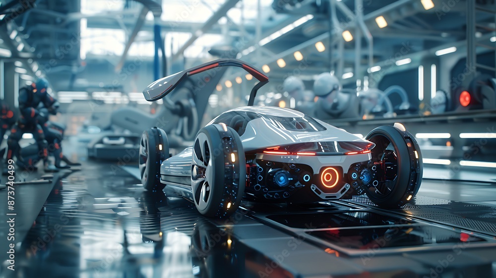 Futuristic Car Enters Final Assembly Line in Advanced Robotics Factory Futuristic Car Enters Final Assembly Line in Advanced Robotics Factory