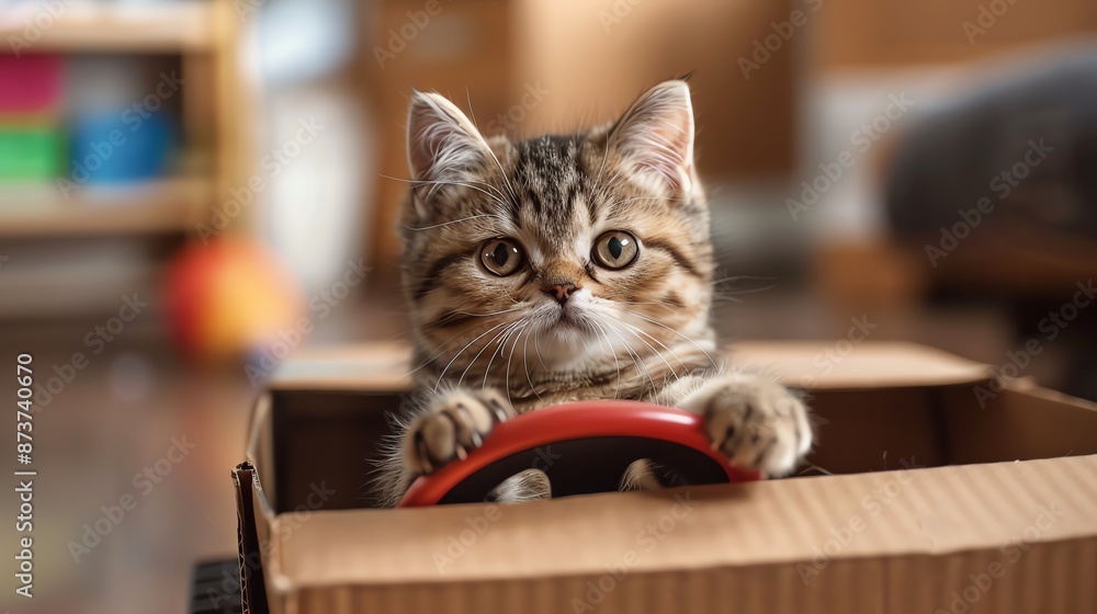 cat driving a cardboard box car, with a tiny steering wheel and a determined expression cat driving a cardboard box car, with a tiny steering wheel and a determined expression