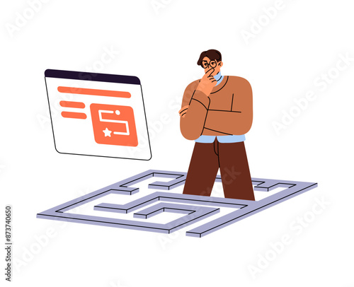 Puzzled employee searches way to success concept. Pondering person looks for solution of problems. Thoughtful man thinking about route from maze, labyrinth. Flat isolated vector illustration on white