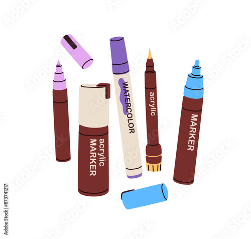 Acrylic and watercolor markers, liners, felt tip pens. Drawing, writing, calligraphy tools. Art supplies, creative accessory kit for handwriting. Flat vector illustration isolated on white background