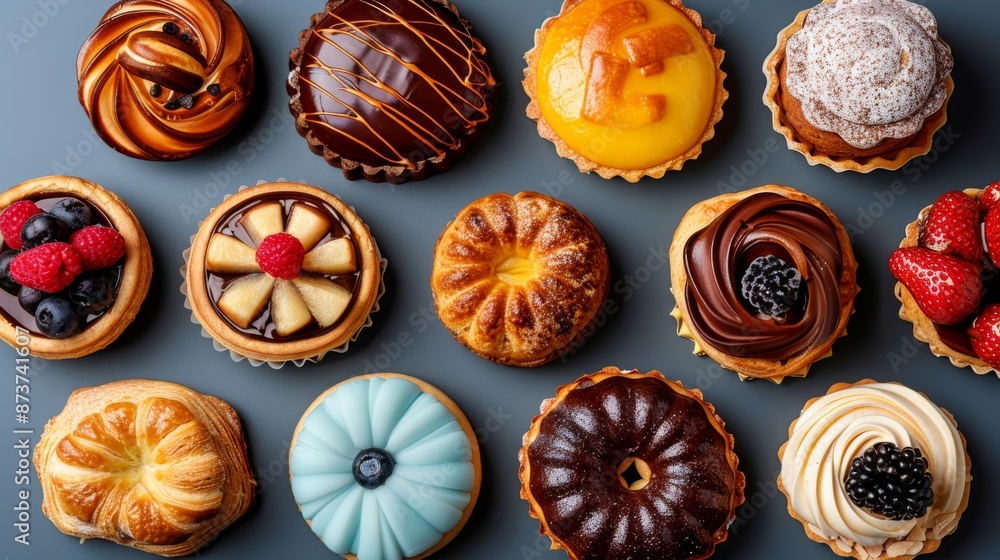 Group of assorted pastries isolated on blue background. Pastry, cakes, buns, biscuits, sweets.
Group of assorted pastries isolated on blue background. Pastry, cakes, buns, biscuits, sweets.