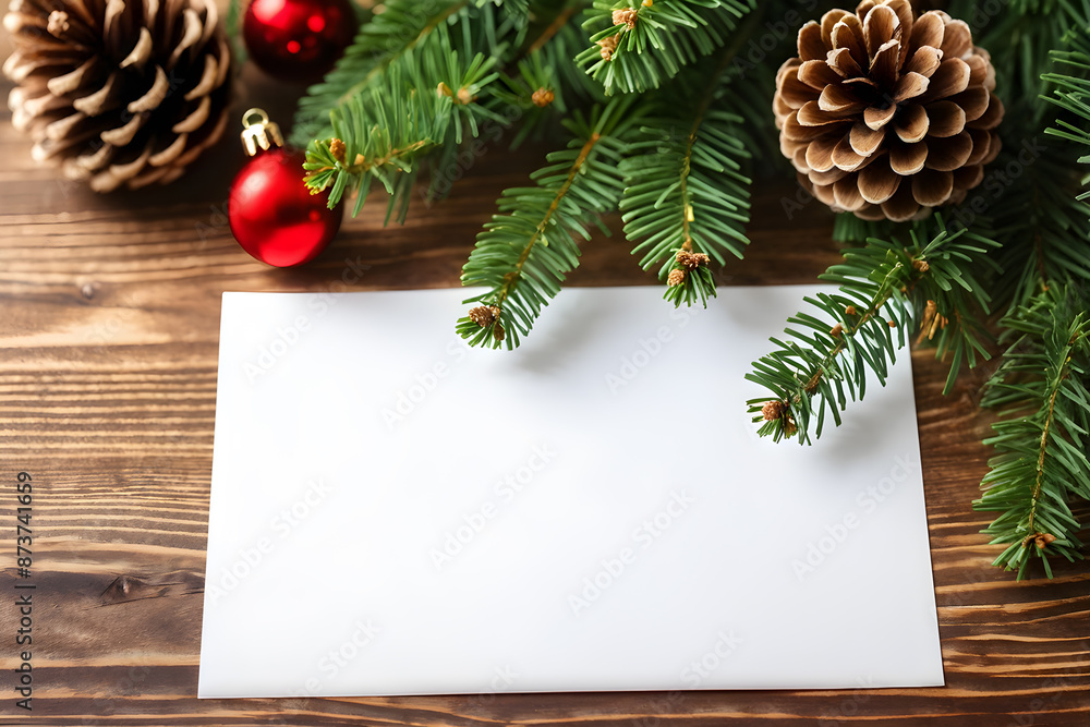 Festive mockup ready for your design, framed by Christmas greenery and cheerful decor on a rustic wooden backdrop Festive mockup ready for your design, framed by Christmas greenery and cheerful decor on a rustic wooden backdrop