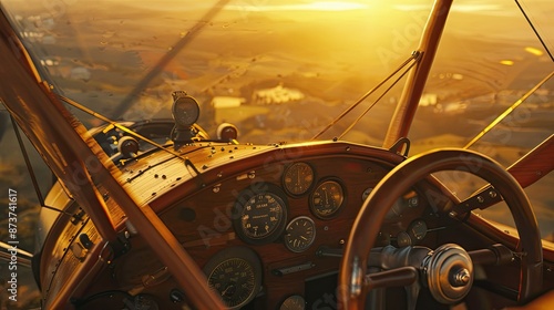 Vintage Biplane Silhouette Soaring Over Countryside at Golden Hour