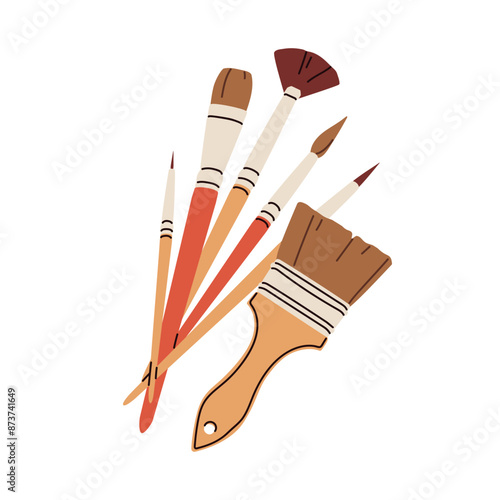 Paint brushes kit for drawing. Painting tools, bristles composition. Paintbrushes, art supplies of different size and shape. Creative equipment. Flat vector illustration isolated on white background