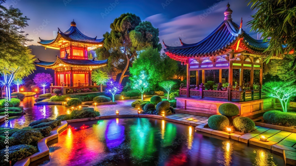 Obraz premium Illuminated temple garden at night with colorful lights, night, temple, garden, lighting, illuminated, colorful, peaceful