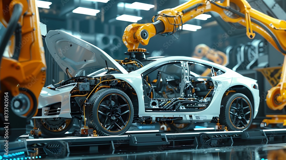 Fototapeta premium Robotic Arms Assembling Electric Car in Modern Automated Factory with Cutting-Edge Technology and Innovation