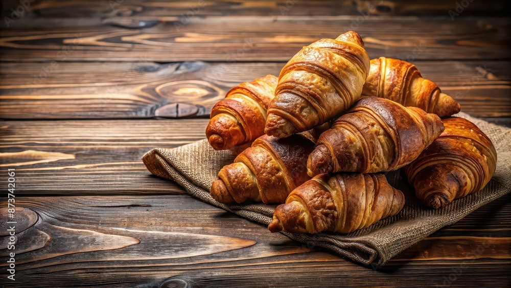 Croissants sitting on a rustic wooden table , breakfast, fresh, bakery, French, pastries, delicious, golden, flaky, morning Croissants sitting on a rustic wooden table , breakfast, fresh, bakery, French, pastries, delicious, golden, flaky, morning